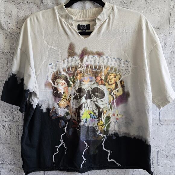 BoohooMAN REWORKED Homme Skull Graphic Bleached Shirt Black And White Men's XS - Picture 1 of 12